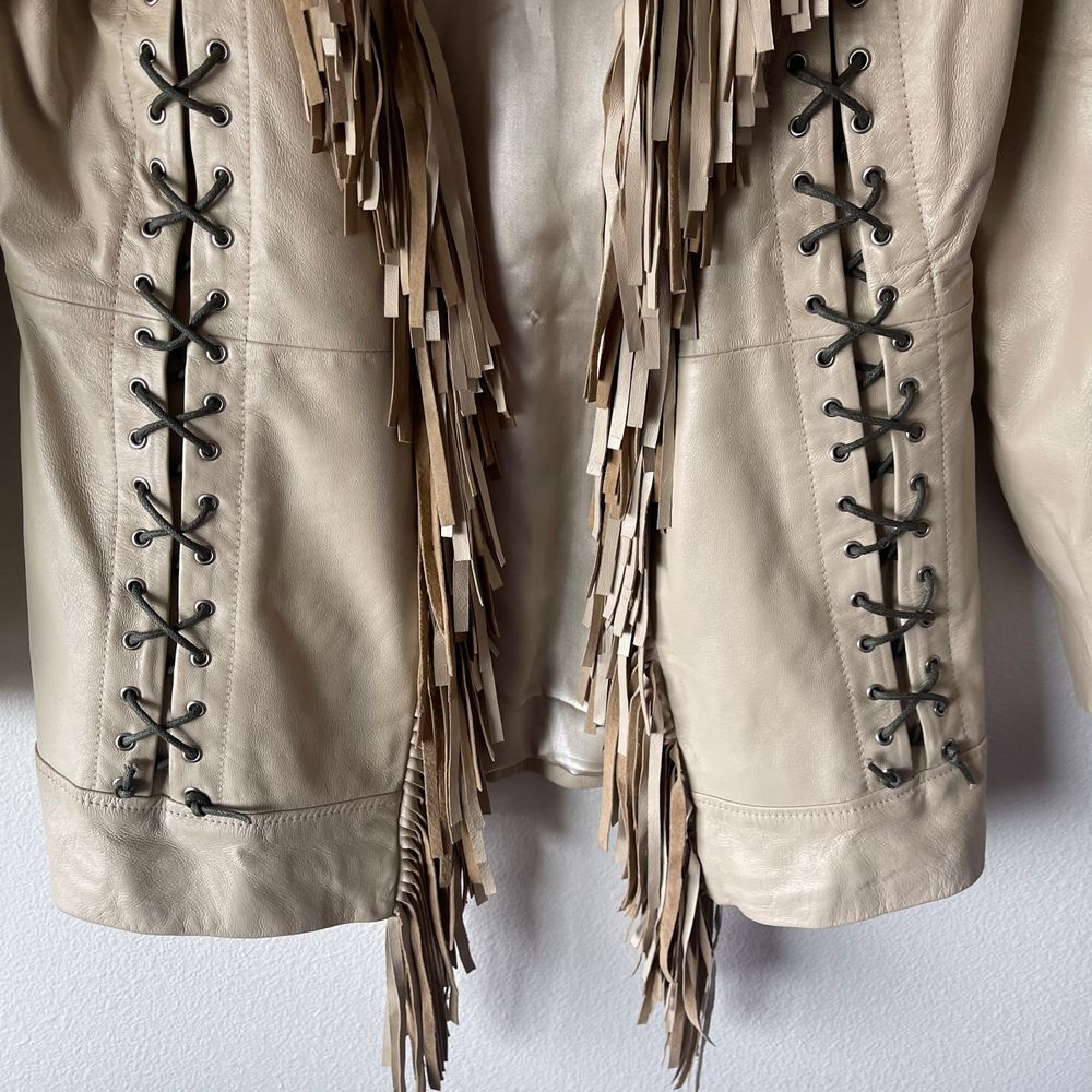 Vintage Lew Magram Collection White Fringe Western Pig Nappa Leather Jacket - Picture 4 of 12